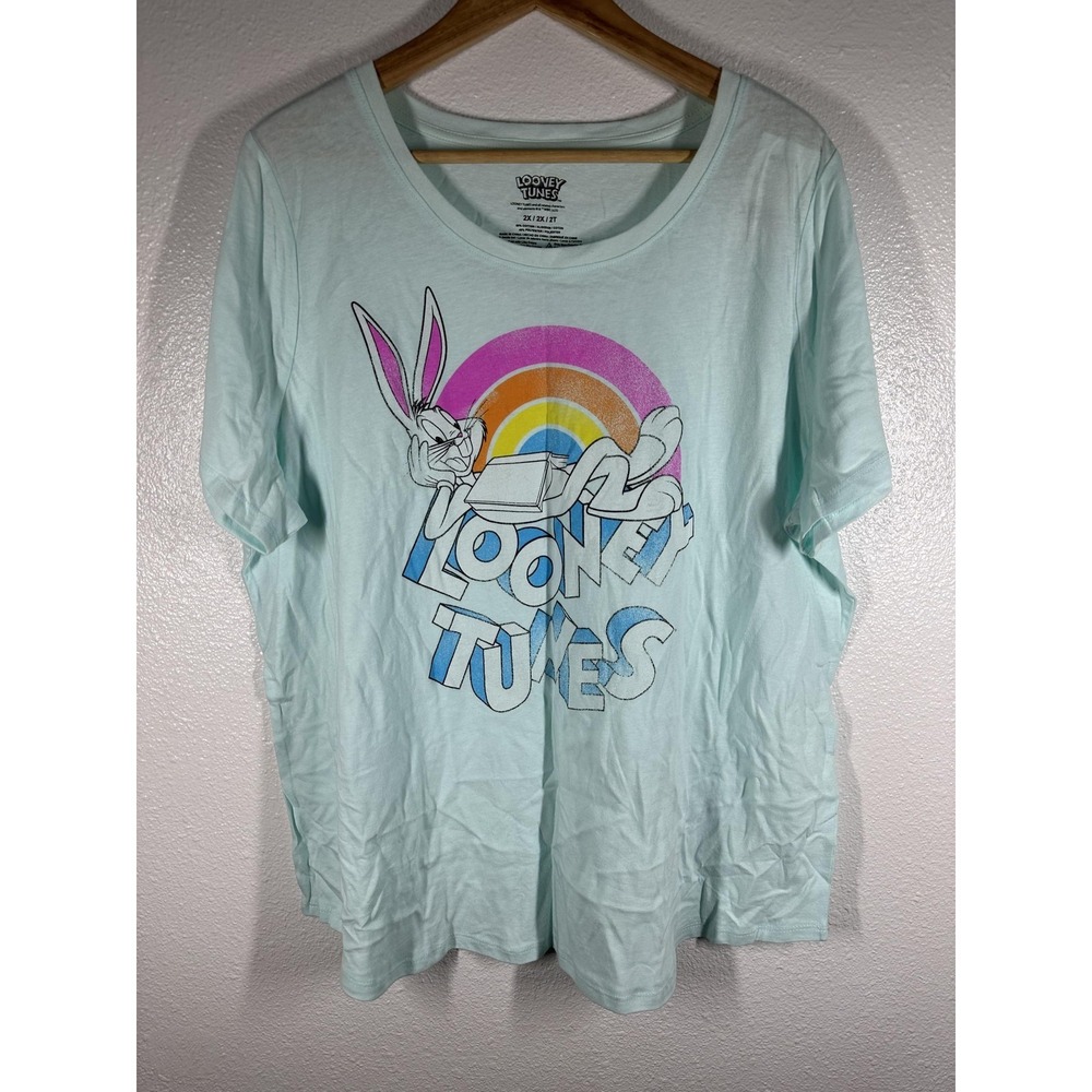 Looney Tunes Bugs Bunny Shirt Womens 2X Aqua Rainbow‎ Cartoon Plus Graphic Tee